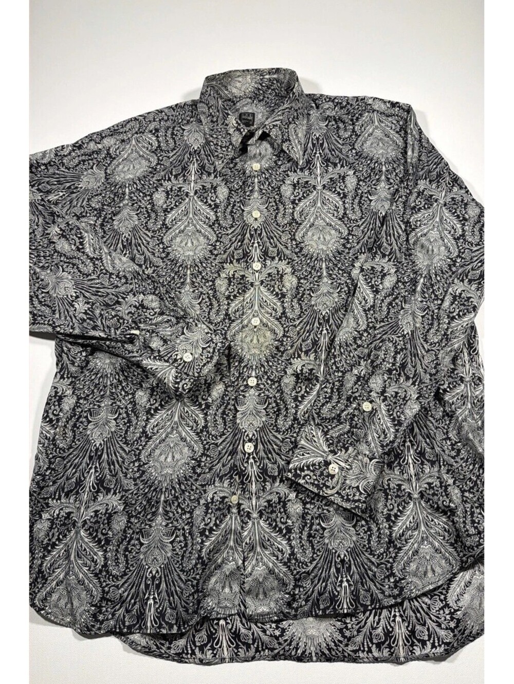 Ike Behar Mens Black White Paisley Cotton Button Up Shirt Long Sleeve
